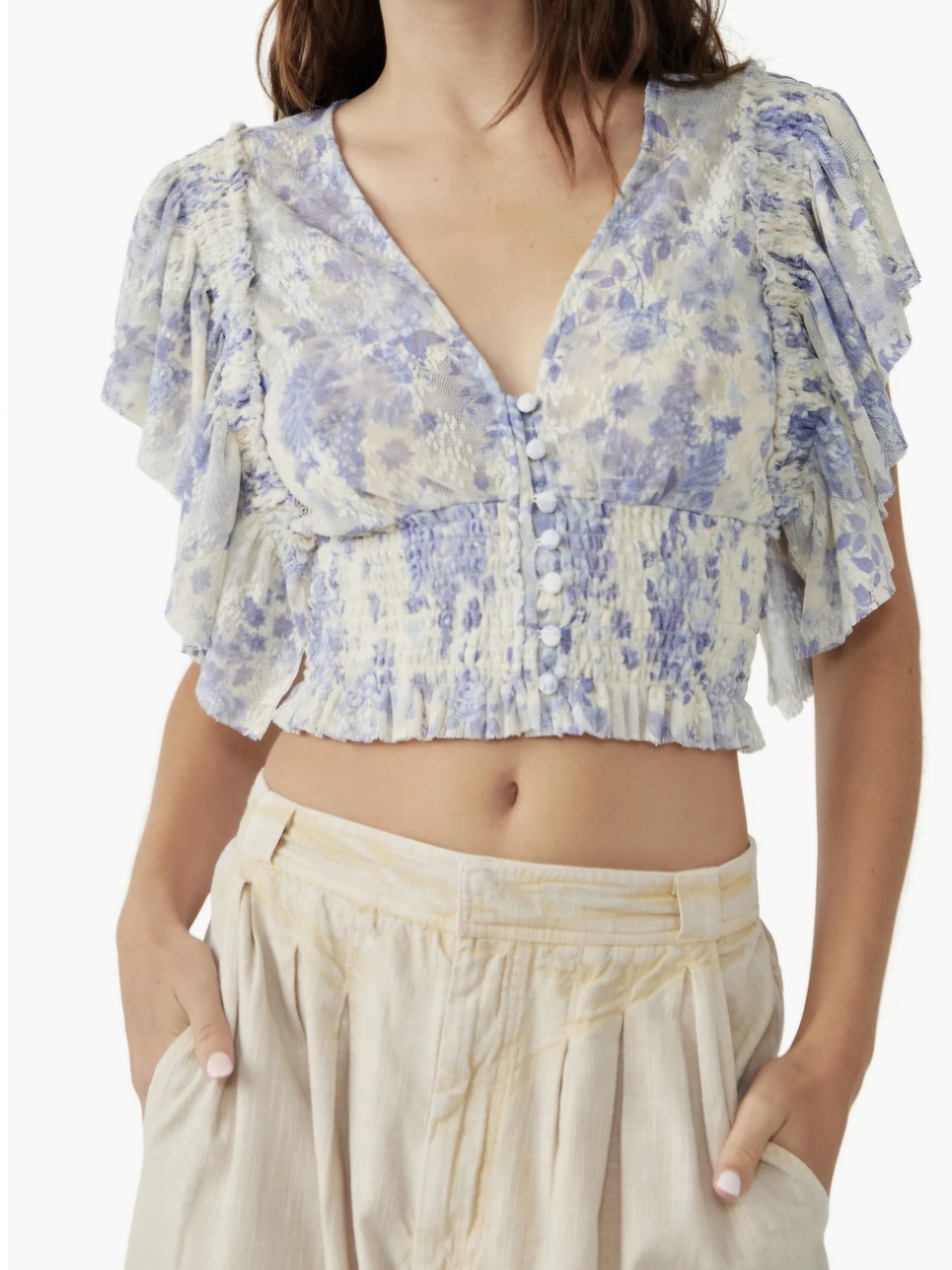 Free People Sugar Ruffle Lilac and Ivory Floral V-Neck Ruffle Crop Top Size XS